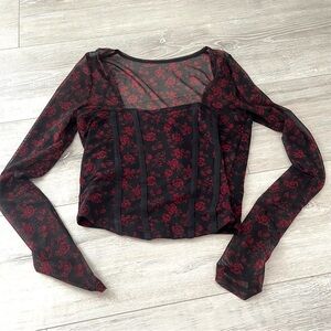 Hollister Red and Black Floral Mesh Long Sleeve Top